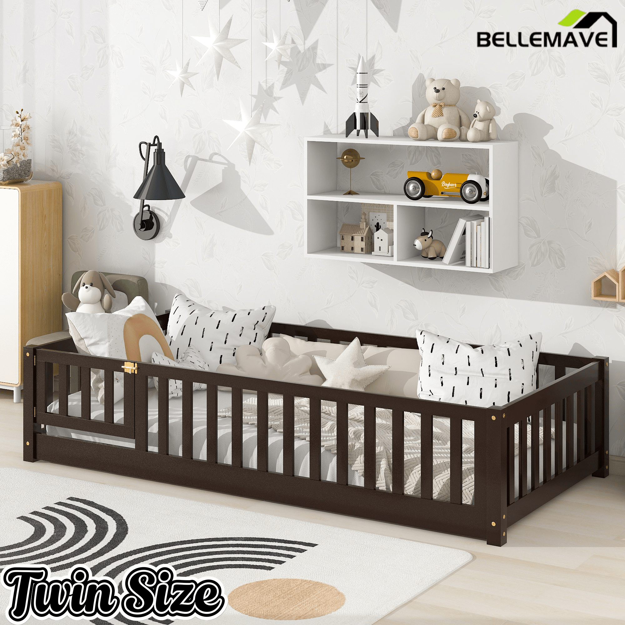 Bellemave® Twin Size Floor Bed Frame with Fence & Door for Kids, Montessori Floor Bed with Slats & Safety Guardrails - Bellemave