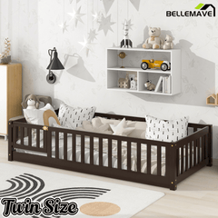 Bellemave® Twin Size Floor Bed Frame with Fence & Door for Kids, Montessori Floor Bed with Slats & Safety Guardrails - Bellemave