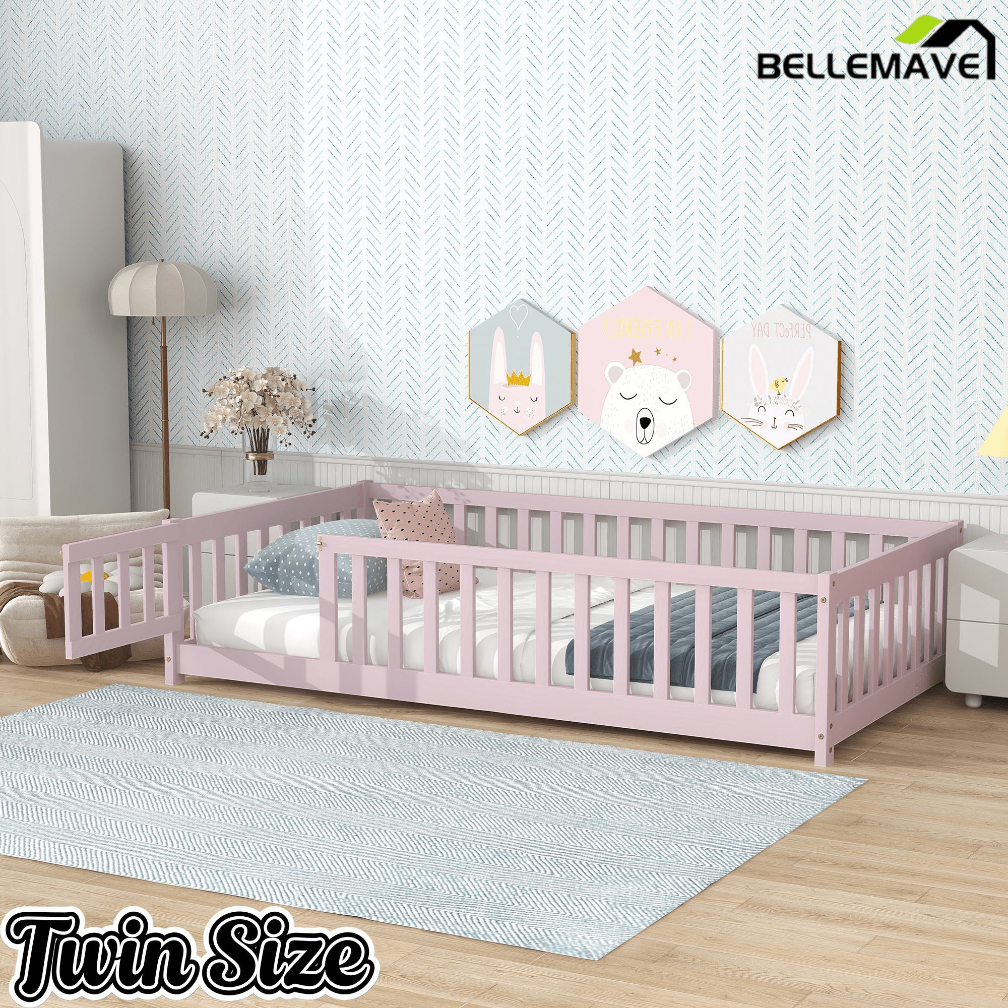 Bellemave® Twin Size Floor Bed Frame with Fence & Door for Kids, Montessori Floor Bed with Slats & Safety Guardrails - Bellemave
