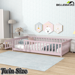Bellemave® Twin Size Floor Bed Frame with Fence & Door for Kids, Montessori Floor Bed with Slats & Safety Guardrails - Bellemave