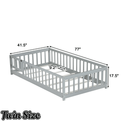 Bellemave® Twin Size Floor Bed Frame with Fence & Door for Kids, Montessori Floor Bed with Slats & Safety Guardrails - Bellemave