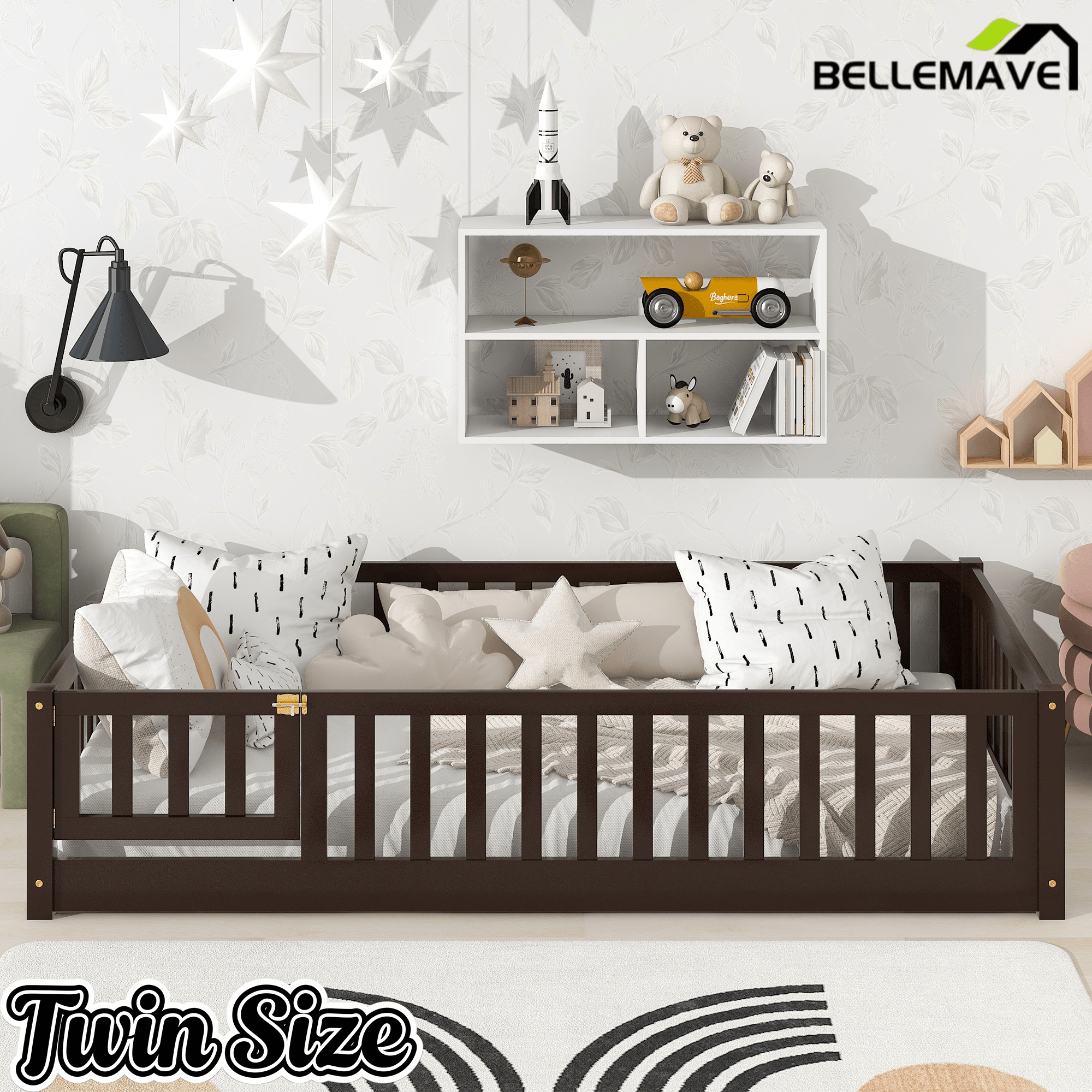 Bellemave® Twin Size Floor Bed Frame with Fence & Door for Kids, Montessori Floor Bed with Slats & Safety Guardrails - Bellemave