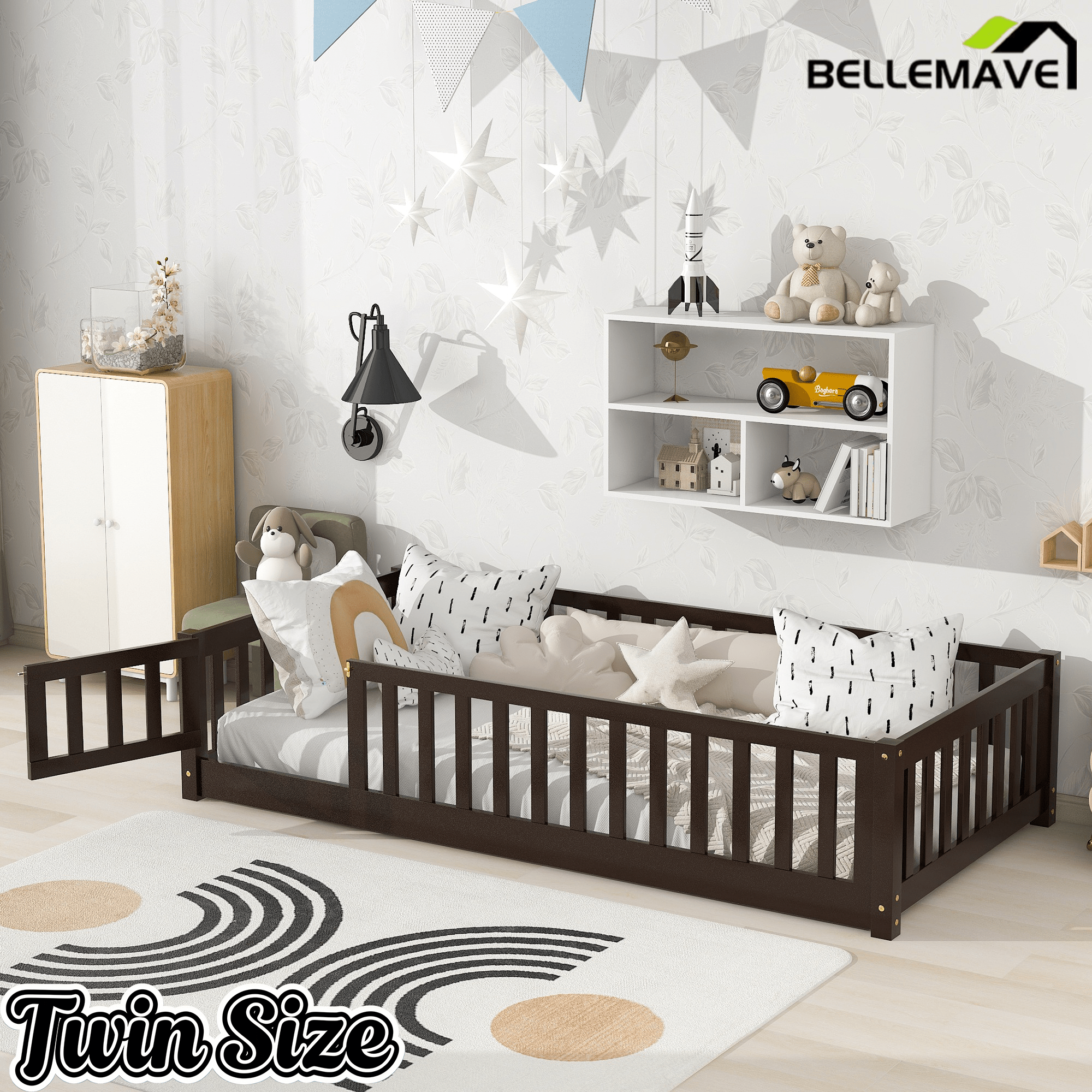 Bellemave® Twin Size Floor Bed Frame with Fence & Door for Kids, Montessori Floor Bed with Slats & Safety Guardrails - Bellemave