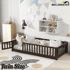 Bellemave® Twin Size Floor Bed Frame with Fence & Door for Kids, Montessori Floor Bed with Slats & Safety Guardrails - Bellemave