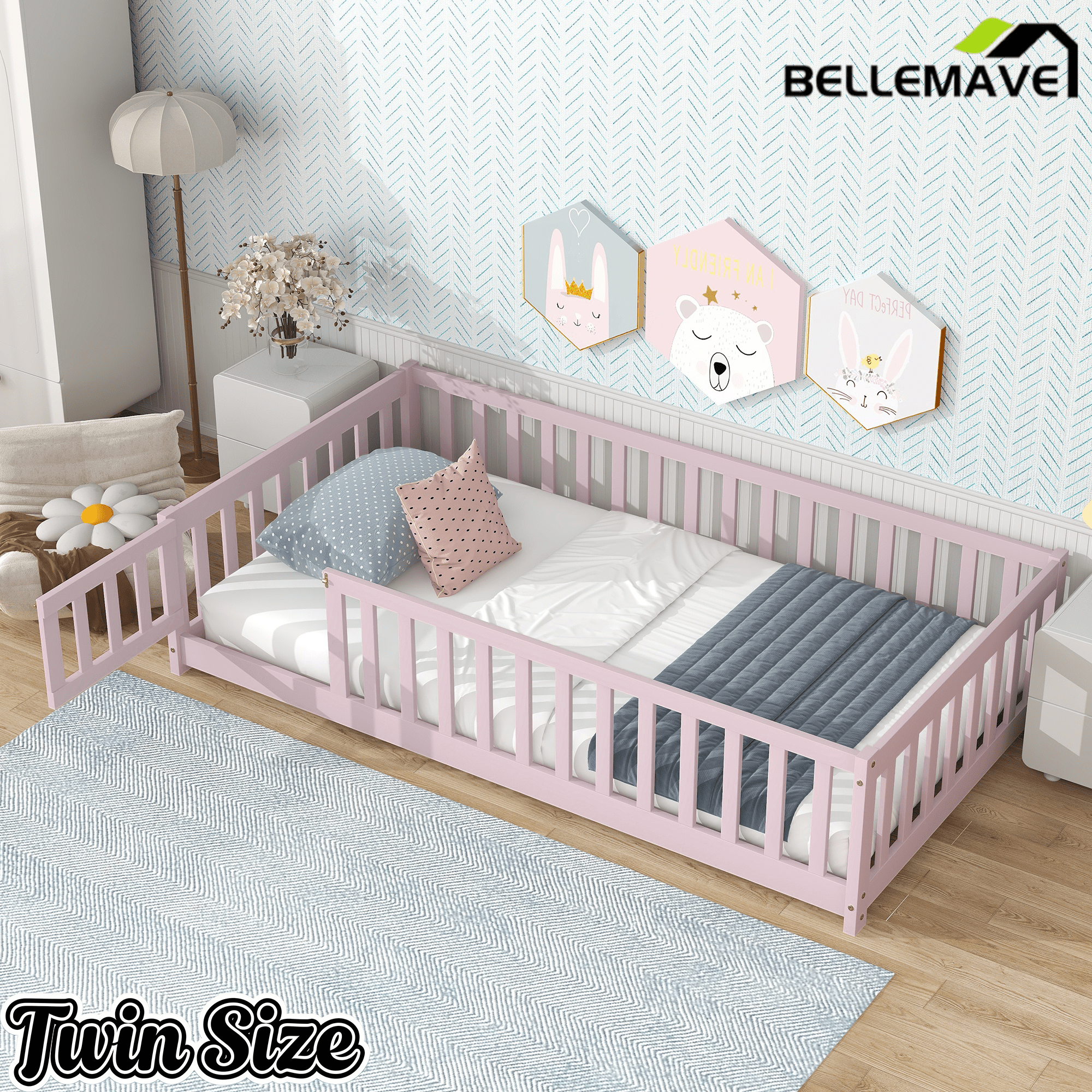 Bellemave® Twin Size Floor Bed Frame with Fence & Door for Kids, Montessori Floor Bed with Slats & Safety Guardrails - Bellemave