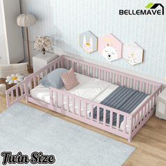Bellemave® Twin Size Floor Bed Frame with Fence & Door for Kids, Montessori Floor Bed with Slats & Safety Guardrails - Bellemave