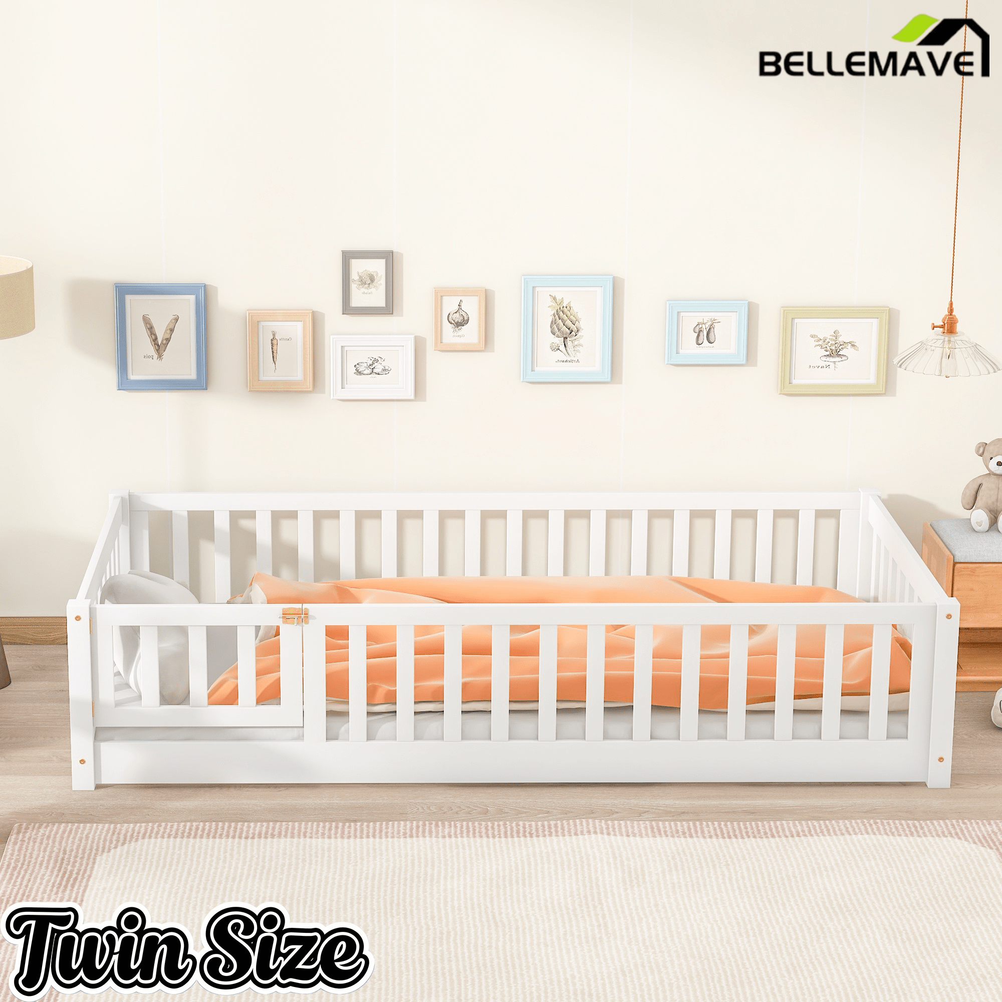 Bellemave® Twin Size Floor Bed Frame with Fence & Door for Kids, Montessori Floor Bed with Slats & Safety Guardrails - Bellemave