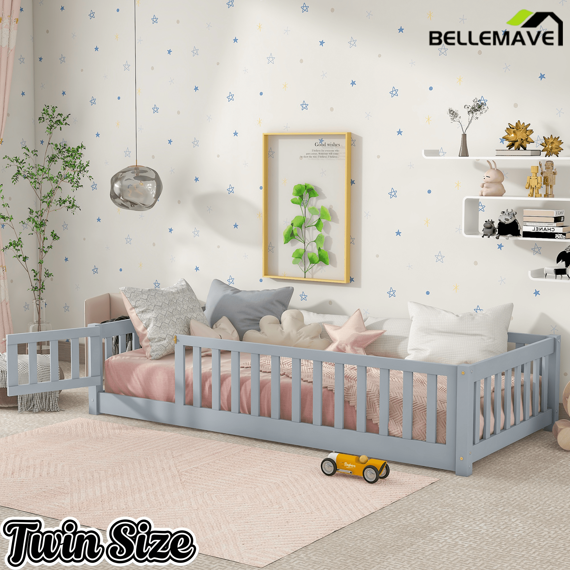 Bellemave® Twin Size Floor Bed Frame with Fence & Door for Kids, Montessori Floor Bed with Slats & Safety Guardrails - Bellemave