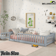 Bellemave® Twin Size Floor Bed Frame with Fence & Door for Kids, Montessori Floor Bed with Slats & Safety Guardrails - Bellemave