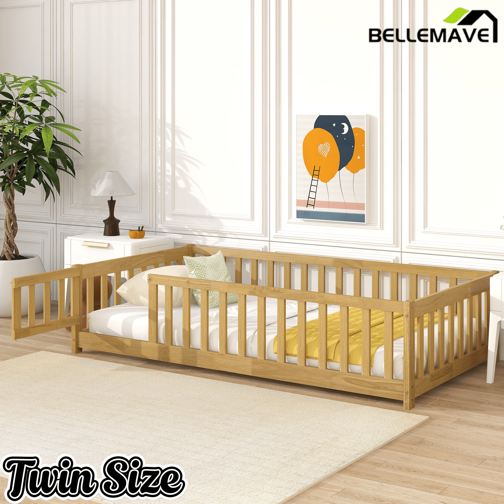 Bellemave® Twin Size Floor Bed Frame with Fence & Door for Kids, Montessori Floor Bed with Slats & Safety Guardrails - Bellemave
