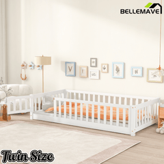 Bellemave® Twin Size Floor Bed Frame with Fence & Door for Kids, Montessori Floor Bed with Slats & Safety Guardrails - Bellemave