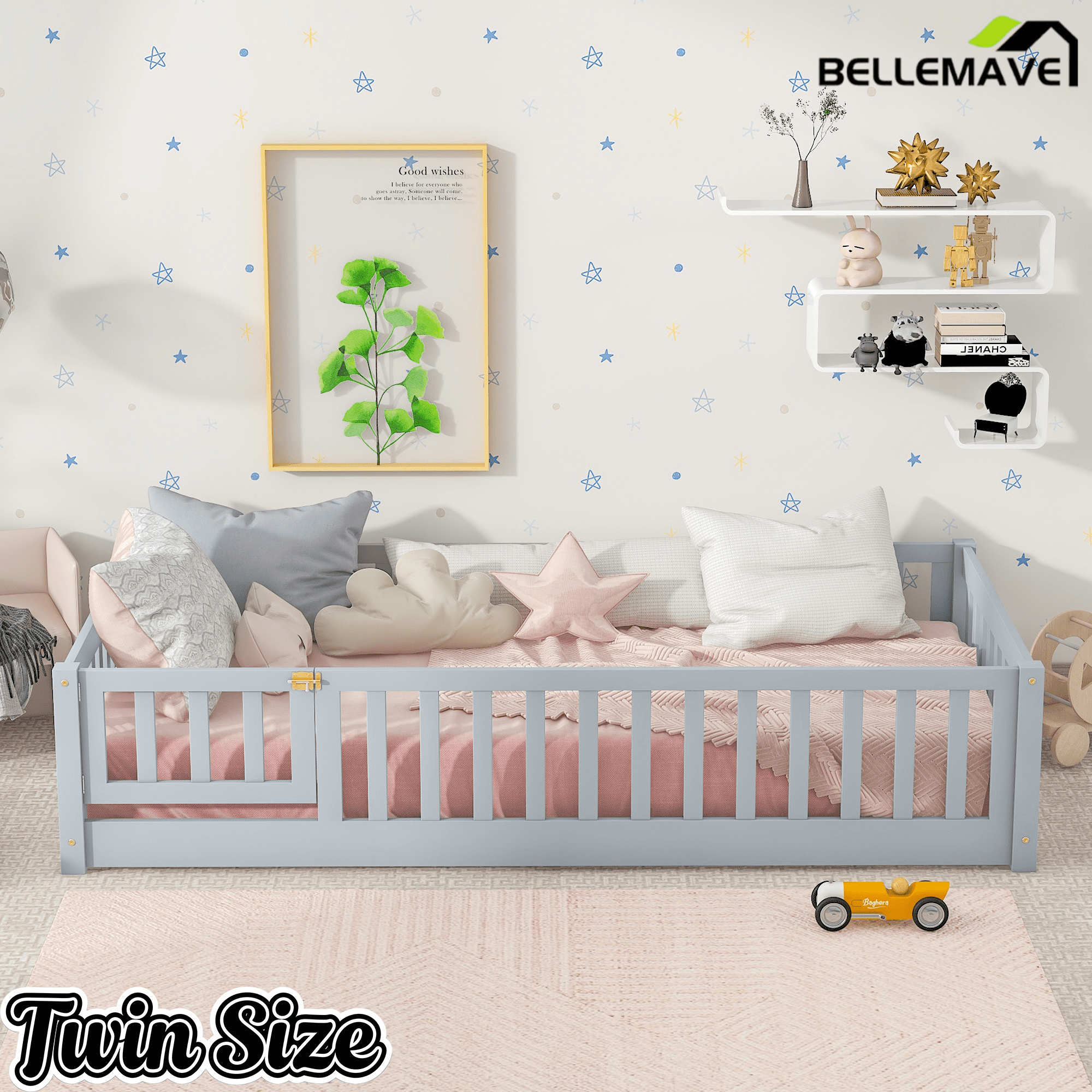 Bellemave® Twin Size Floor Bed Frame with Fence & Door for Kids, Montessori Floor Bed with Slats & Safety Guardrails - Bellemave