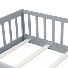 Bellemave® Twin Size Floor Bed Frame with Fence & Door for Kids, Montessori Floor Bed with Slats & Safety Guardrails - Bellemave