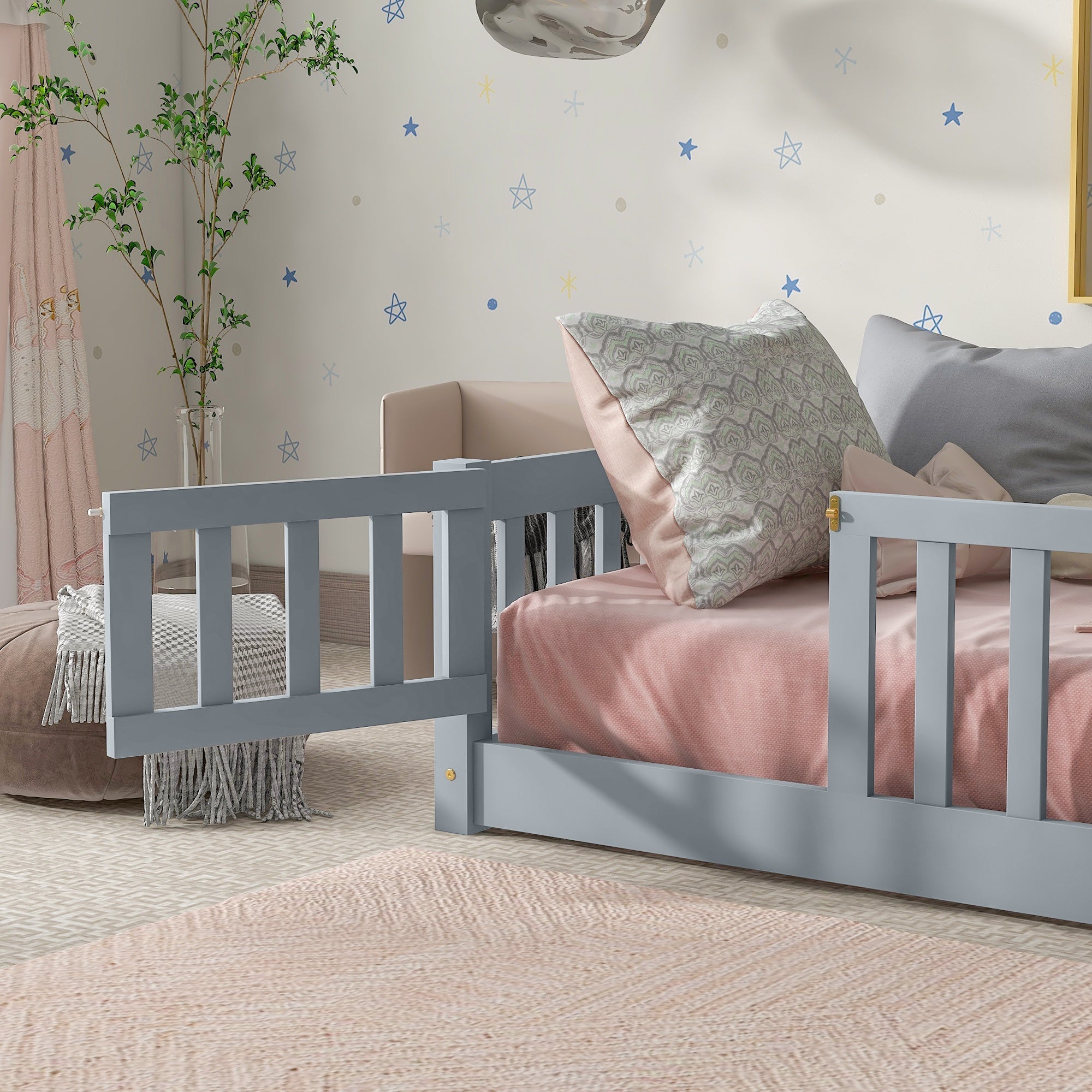 Bellemave® Twin Size Floor Bed Frame with Fence & Door for Kids, Montessori Floor Bed with Slats & Safety Guardrails - Bellemave