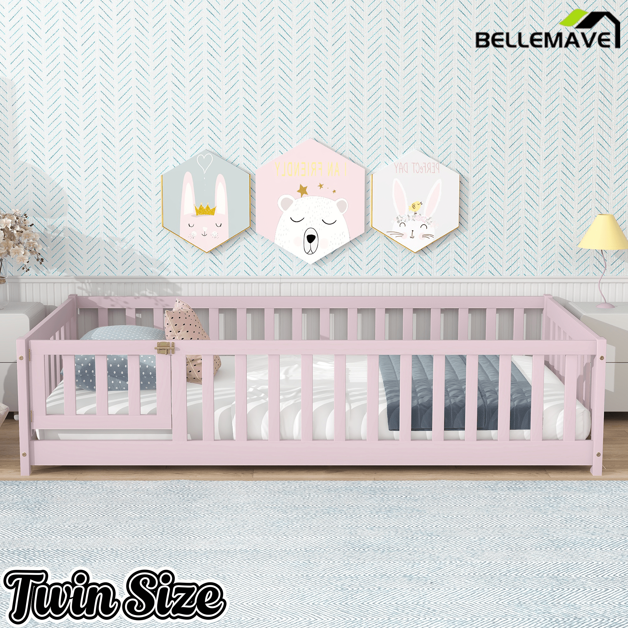 Bellemave® Twin Size Floor Bed Frame with Fence & Door for Kids, Montessori Floor Bed with Slats & Safety Guardrails - Bellemave