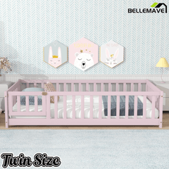 Bellemave® Twin Size Floor Bed Frame with Fence & Door for Kids, Montessori Floor Bed with Slats & Safety Guardrails - Bellemave