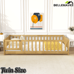 Bellemave® Twin Size Floor Bed Frame with Fence & Door for Kids, Montessori Floor Bed with Slats & Safety Guardrails - Bellemave
