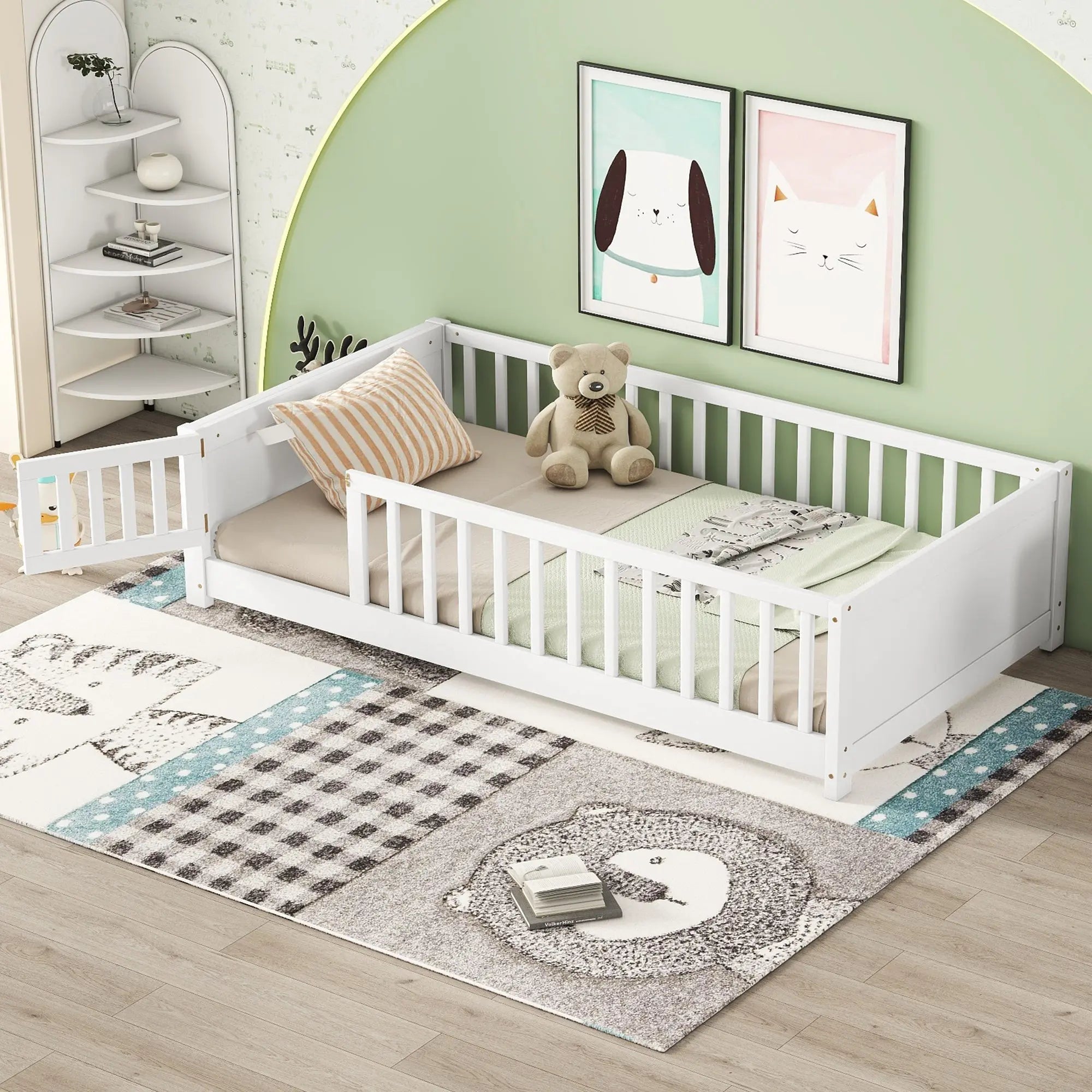 Bellemave® Twin Size Floor Bed with Built - in Book Storage Rack, Door - Bellemave