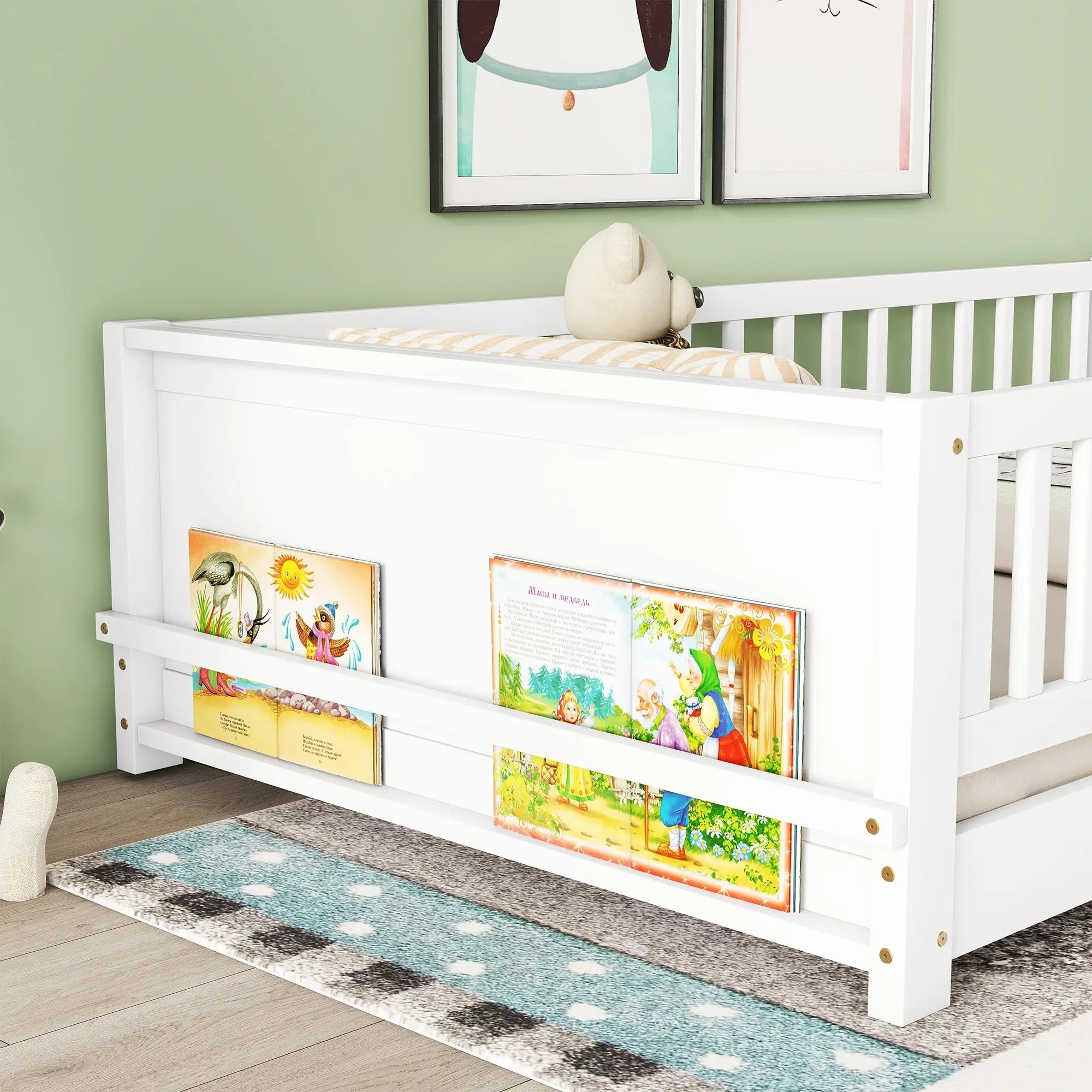 Bellemave® Twin Size Floor Bed with Built - in Book Storage Rack, Door - Bellemave