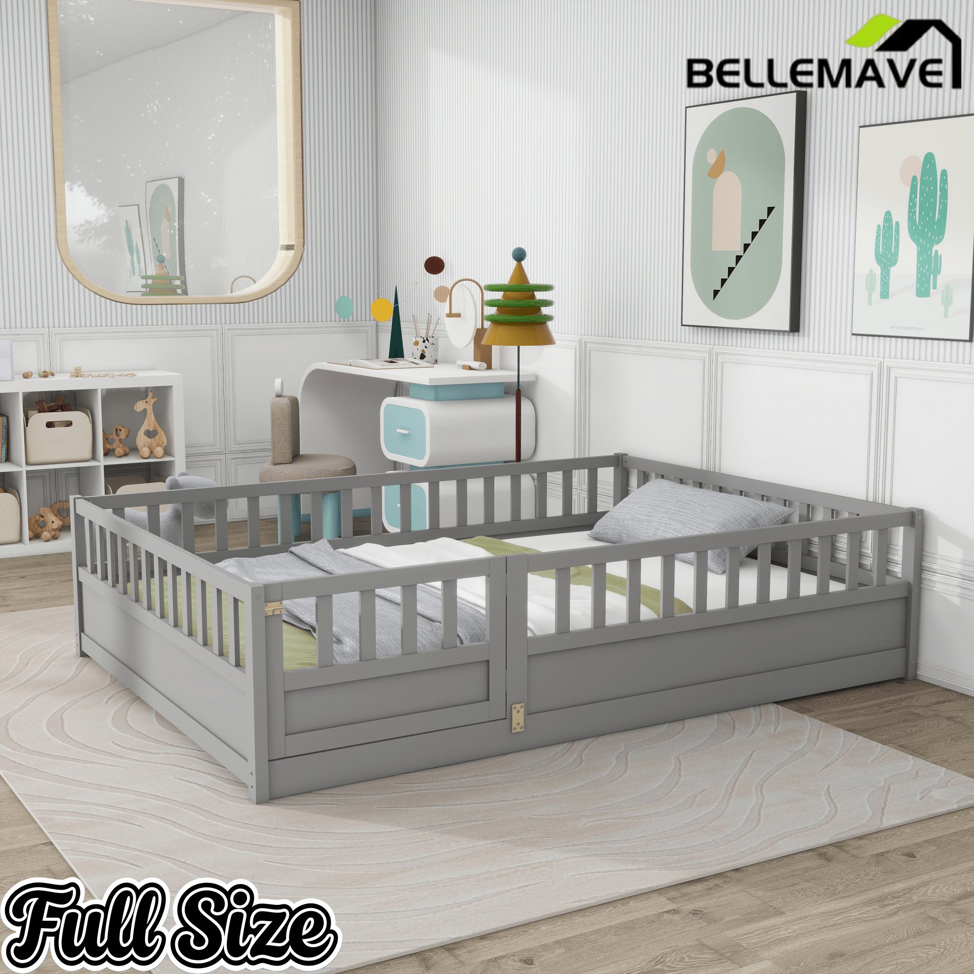 Bellemave® Twin Size Floor Bed with High Fence & Door, Montessori Floor Beds Frame Without Slats, White - Bellemave