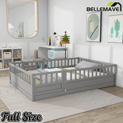 Bellemave® Twin Size Floor Bed with High Fence & Door, Montessori Floor Beds Frame Without Slats, White - Bellemave