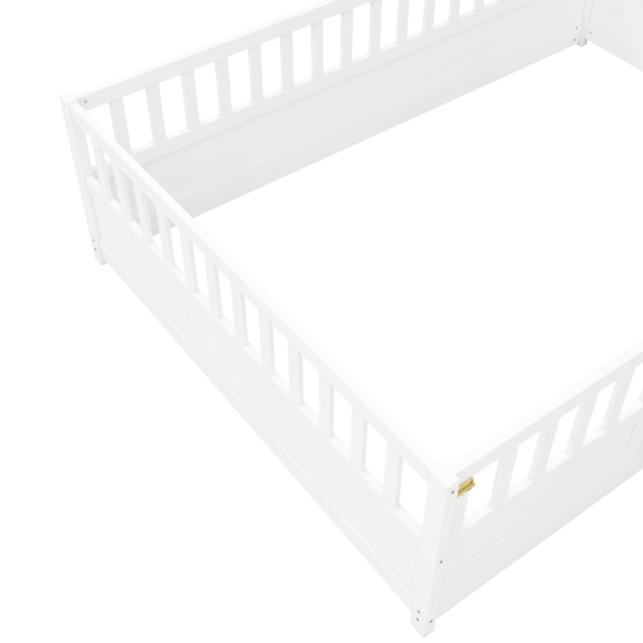 Bellemave® Twin Size Floor Bed with High Fence & Door, Montessori Floor Beds Frame Without Slats, White - Bellemave