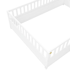 Bellemave® Twin Size Floor Bed with High Fence & Door, Montessori Floor Beds Frame Without Slats, White - Bellemave