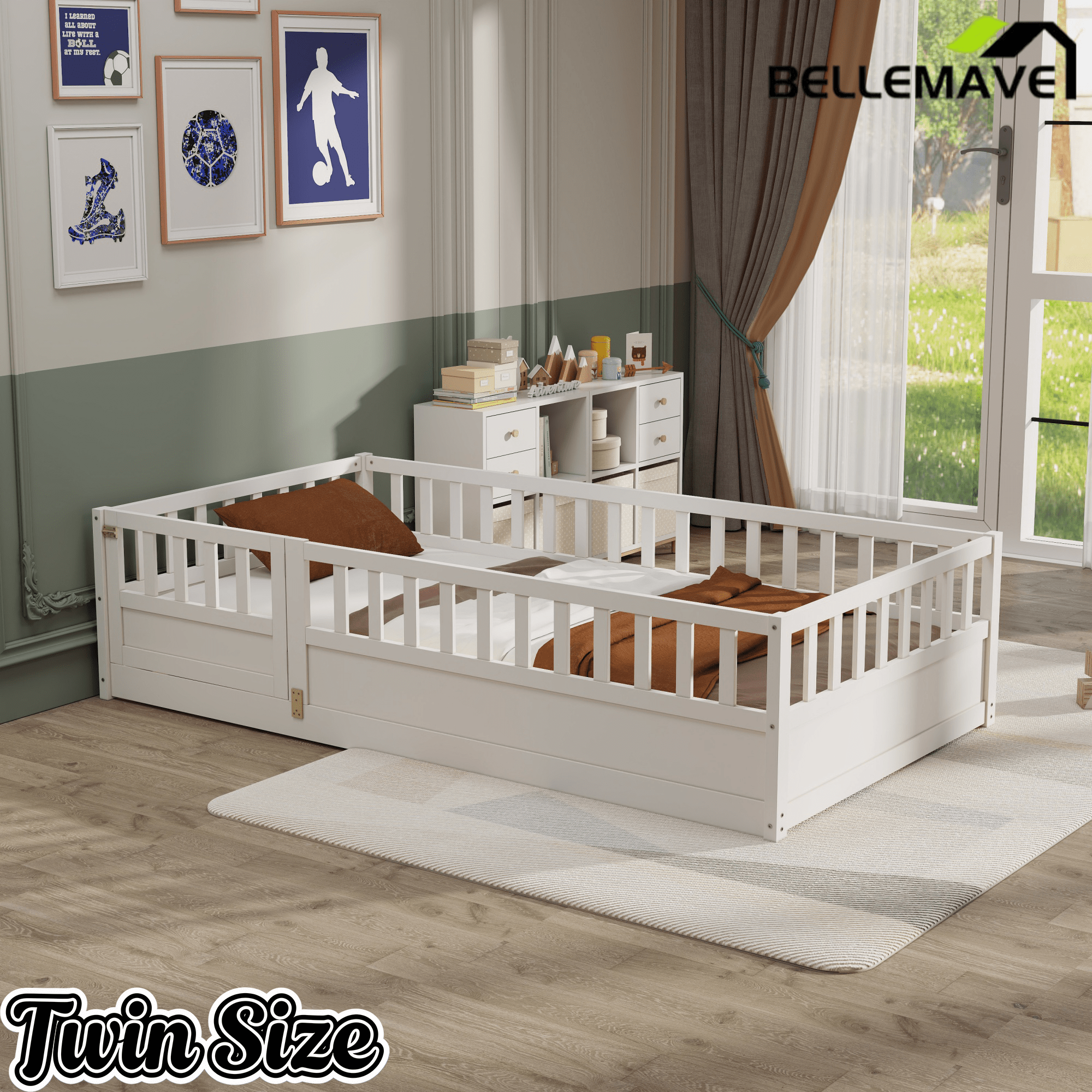 Bellemave® Twin Size Floor Bed with High Fence & Door, Montessori Floor Beds Frame Without Slats, White - Bellemave