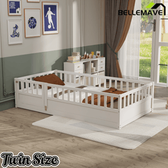 Bellemave® Twin Size Floor Bed with High Fence & Door, Montessori Floor Beds Frame Without Slats, White - Bellemave