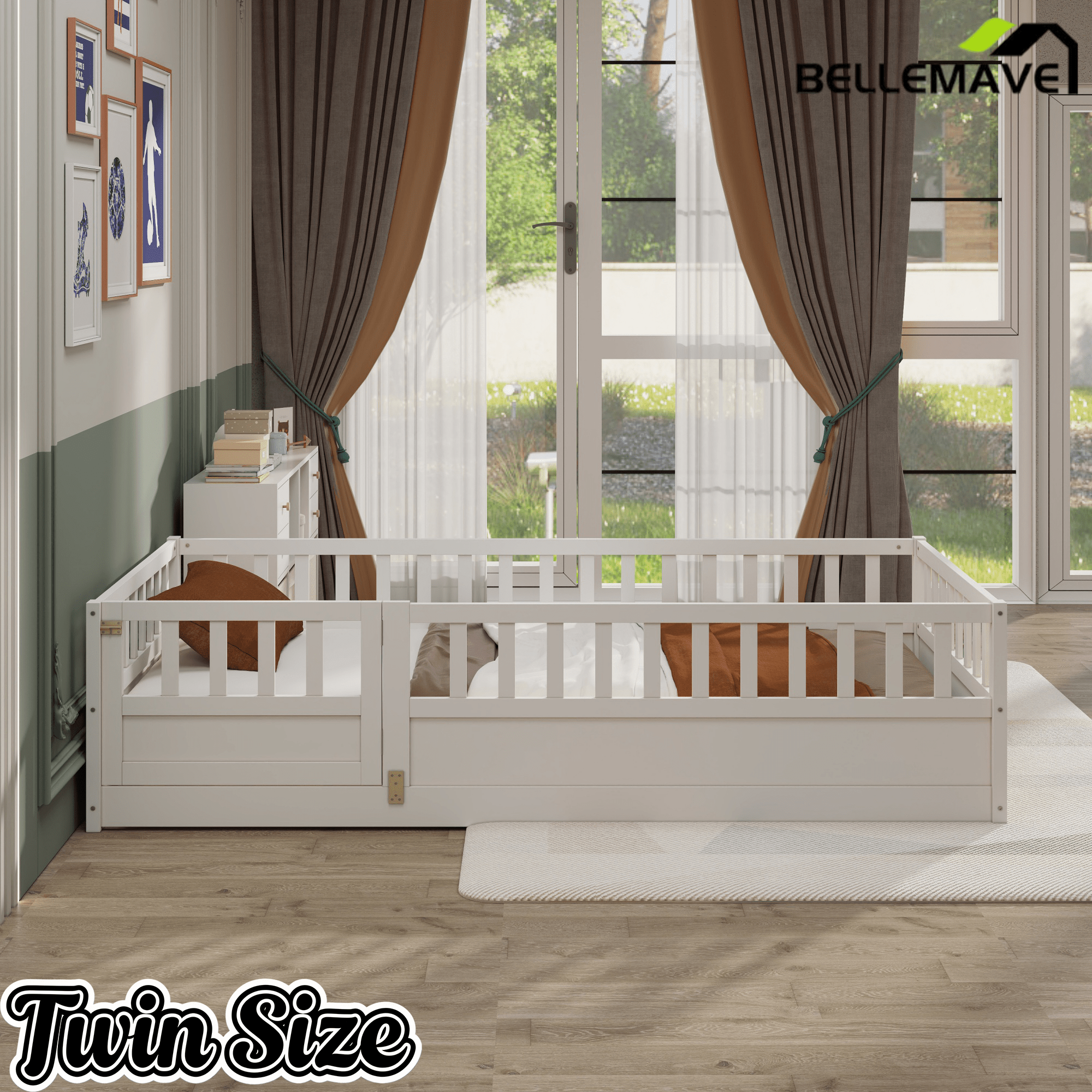 Bellemave® Twin Size Floor Bed with High Fence & Door, Montessori Floor Beds Frame Without Slats, White - Bellemave
