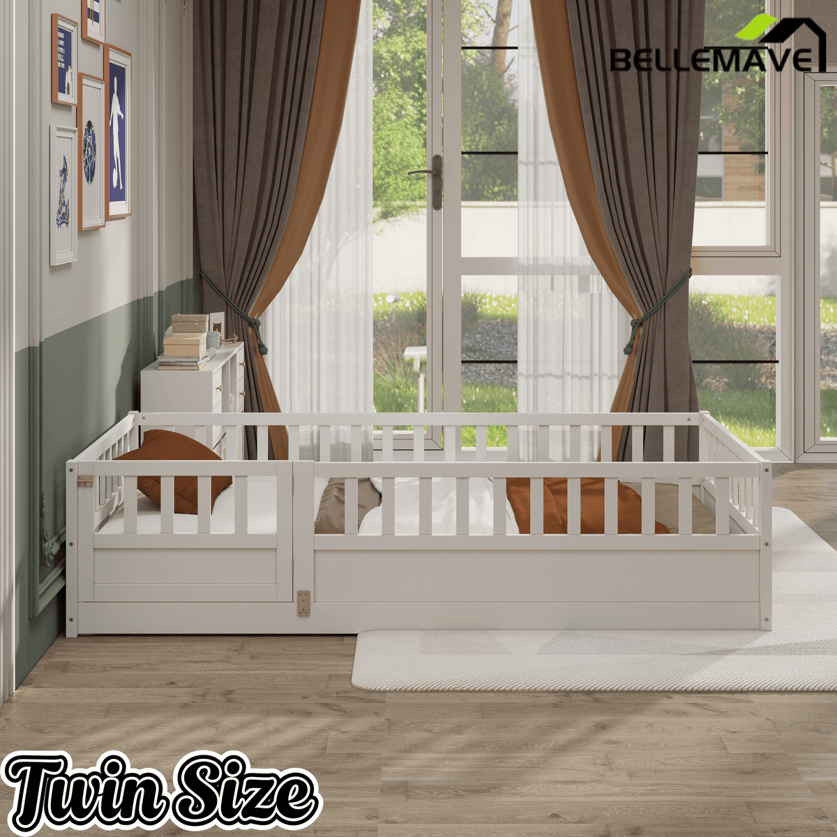 Bellemave® Twin Size Floor Bed with High Fence & Door, Montessori Floor Beds Frame Without Slats, White - Bellemave