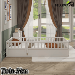 Bellemave® Twin Size Floor Bed with High Fence & Door, Montessori Floor Beds Frame Without Slats, White - Bellemave