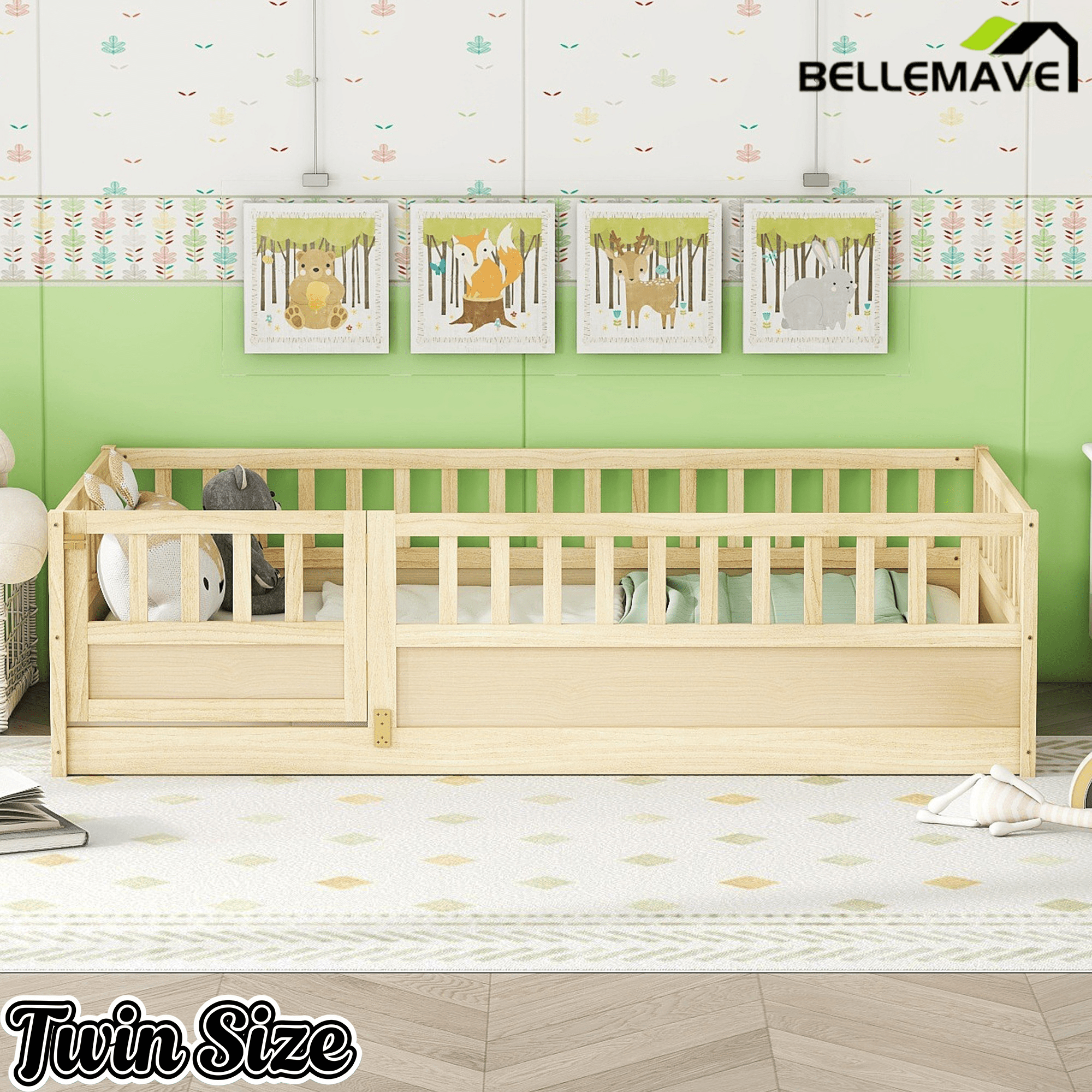 Bellemave® Twin Size Floor Bed with High Fence & Door, Montessori Floor Beds Frame Without Slats, White - Bellemave