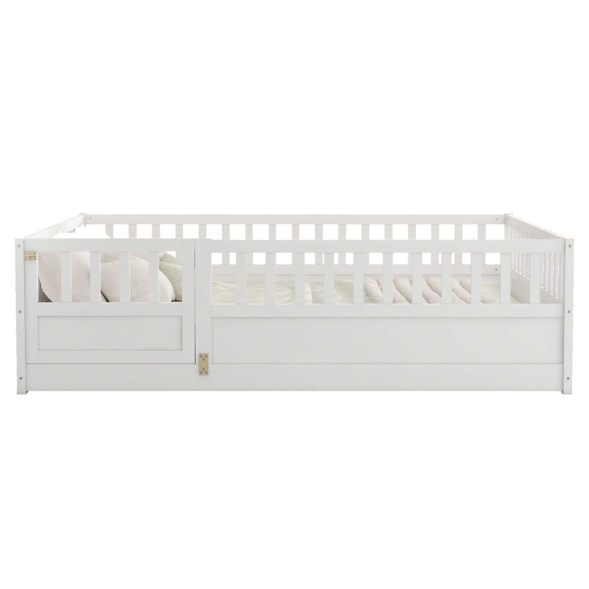 Bellemave® Twin Size Floor Bed with High Fence & Door, Montessori Floor Beds Frame Without Slats, White - Bellemave