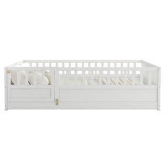 Bellemave® Twin Size Floor Bed with High Fence & Door, Montessori Floor Beds Frame Without Slats, White - Bellemave