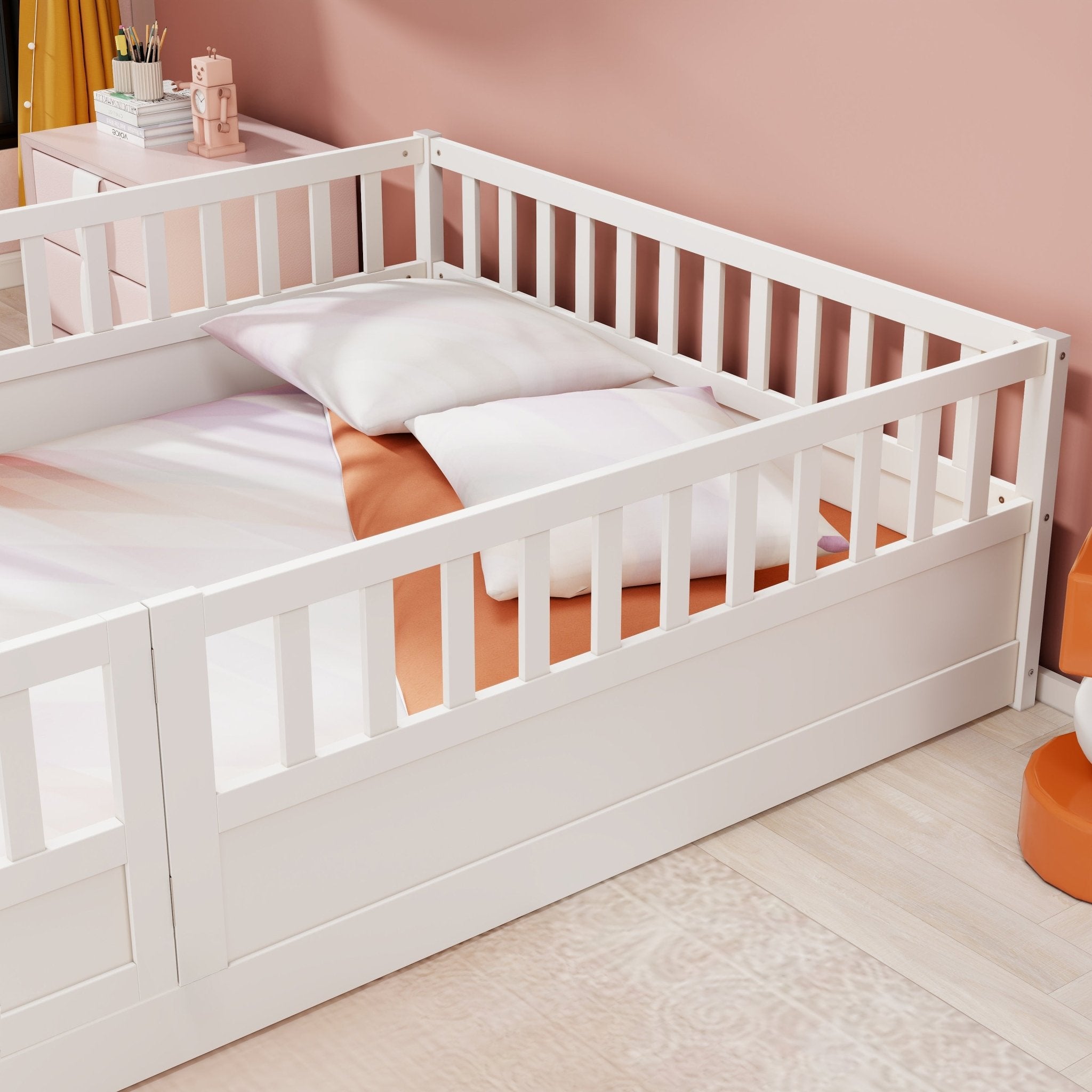 Bellemave® Twin Size Floor Bed with High Fence & Door, Montessori Floor Beds Frame Without Slats, White - Bellemave