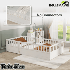 Bellemave® Twin Size Floor Bed with High Fence & Door, Montessori Floor Beds Frame Without Slats, White - Bellemave
