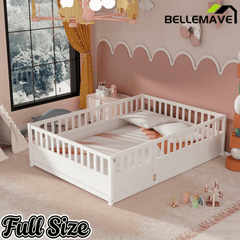 Bellemave® Twin Size Floor Bed with High Fence & Door, Montessori Floor Beds Frame Without Slats, White - Bellemave
