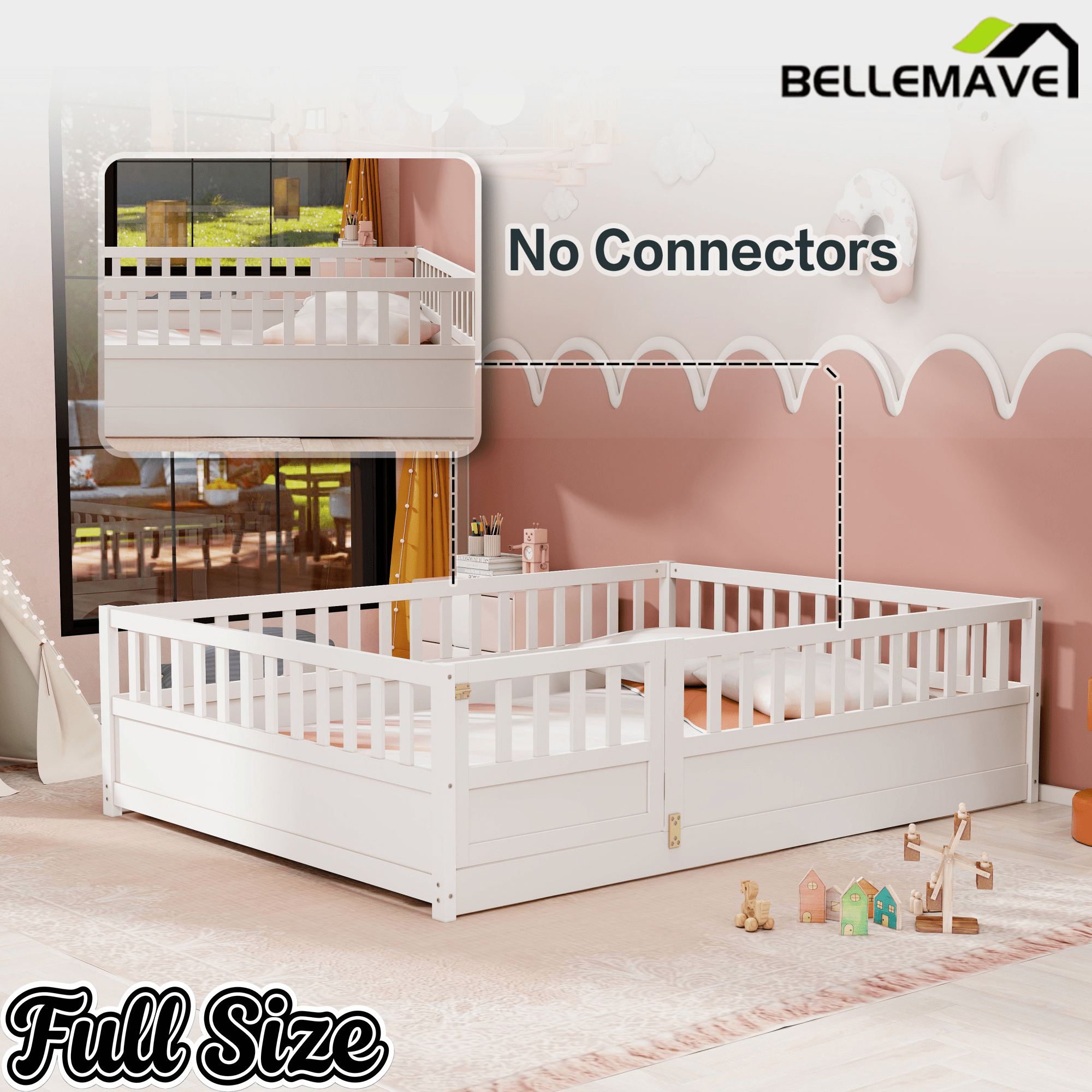 Bellemave® Twin Size Floor Bed with High Fence & Door, Montessori Floor Beds Frame Without Slats, White - Bellemave