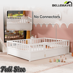 Bellemave® Twin Size Floor Bed with High Fence & Door, Montessori Floor Beds Frame Without Slats, White - Bellemave
