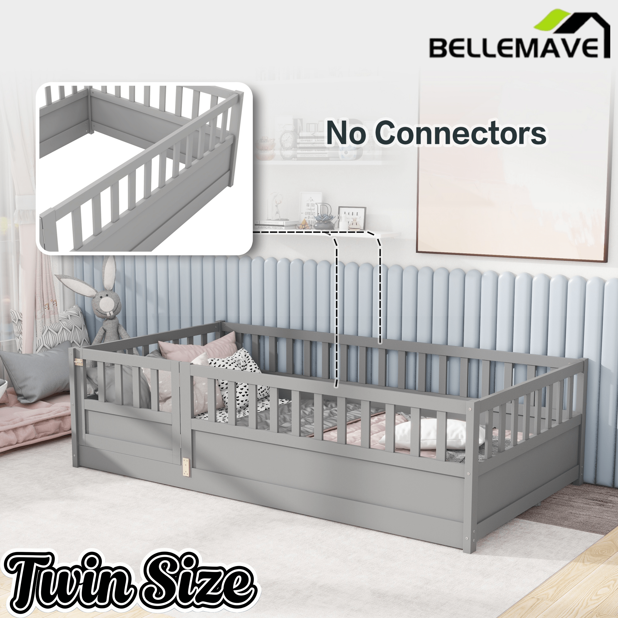 Bellemave® Twin Size Floor Bed with High Fence & Door, Montessori Floor Beds Frame Without Slats, White - Bellemave