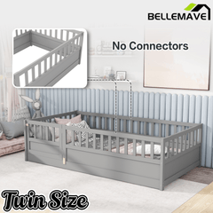 Bellemave® Twin Size Floor Bed with High Fence & Door, Montessori Floor Beds Frame Without Slats, White - Bellemave