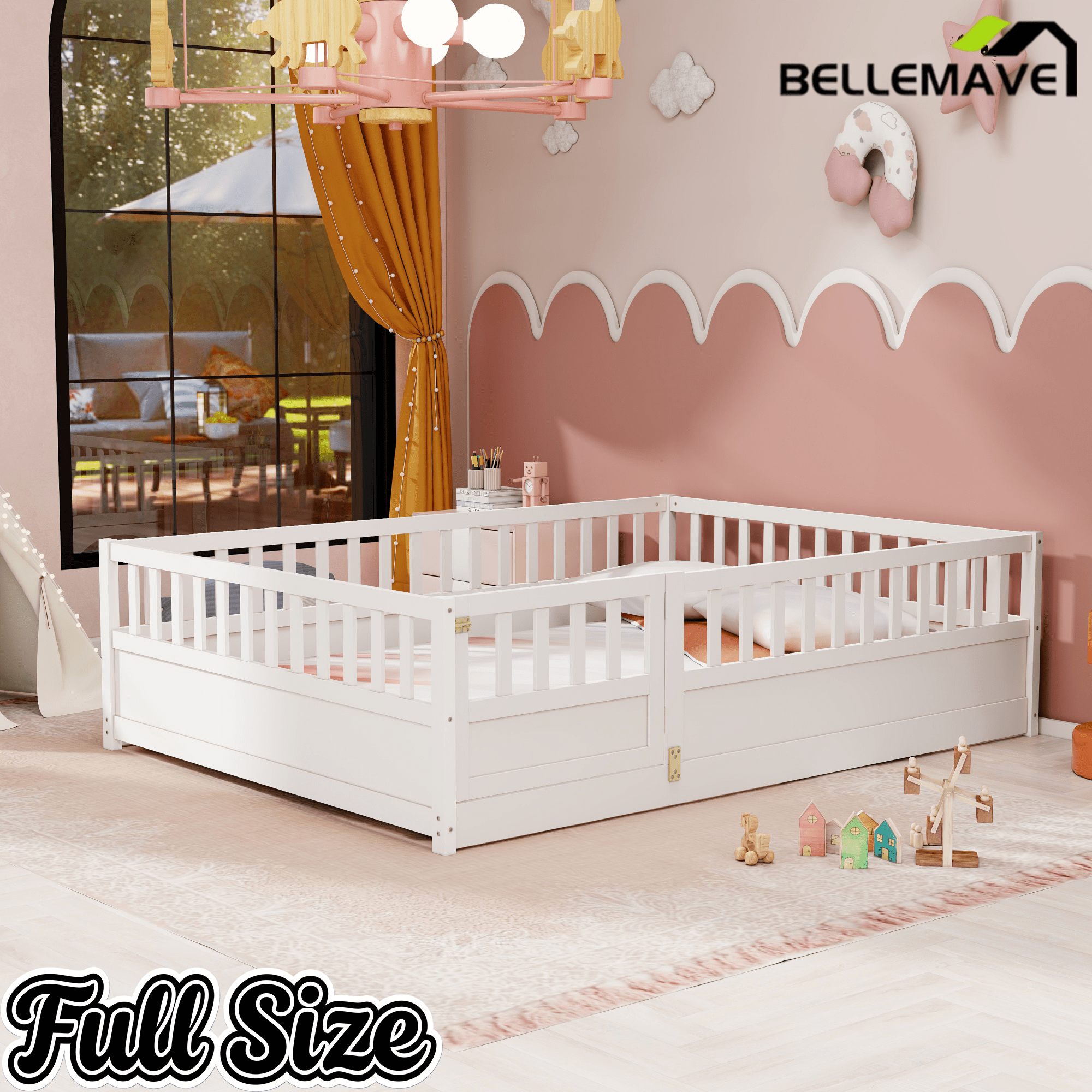 Bellemave® Twin Size Floor Bed with High Fence & Door, Montessori Floor Beds Frame Without Slats, White - Bellemave