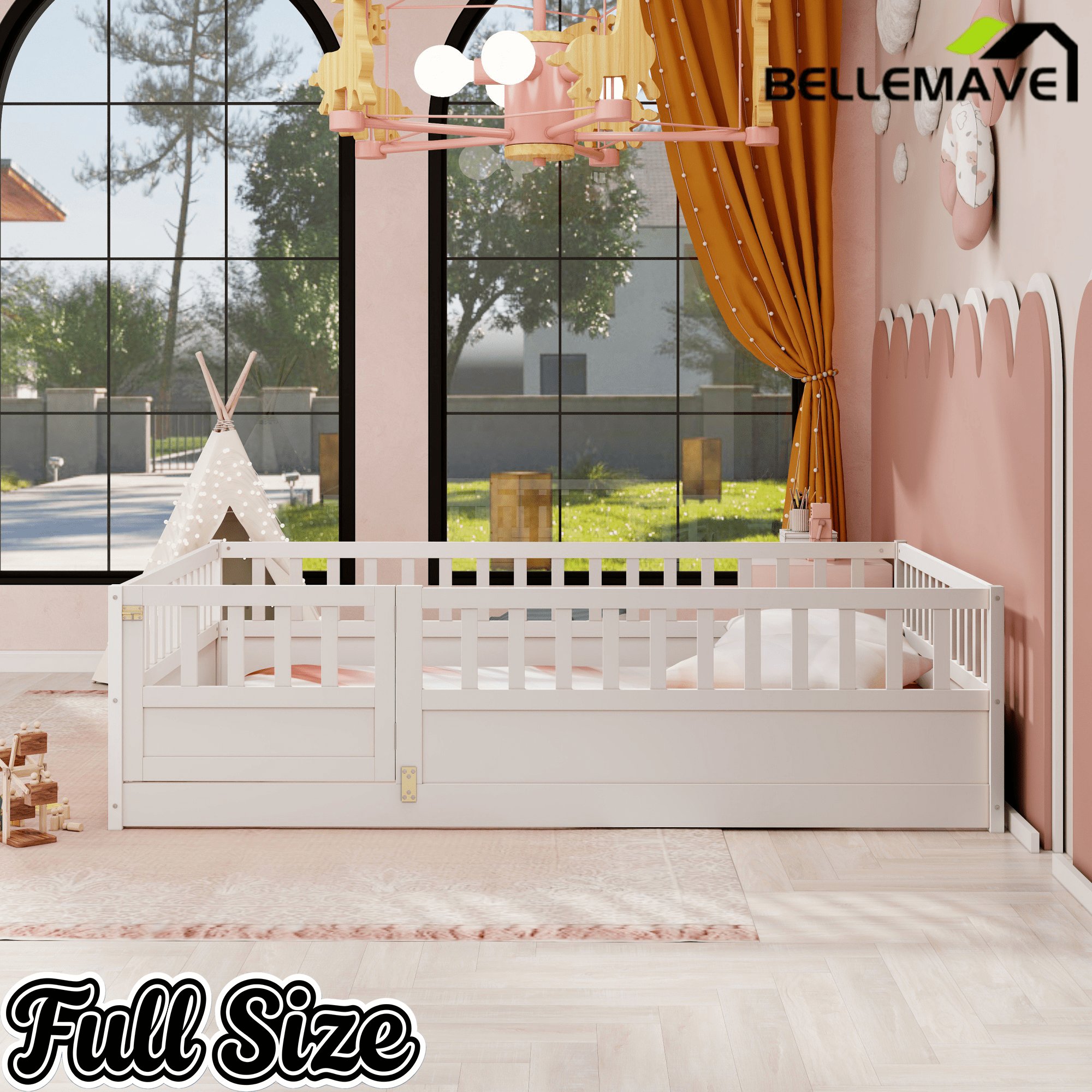 Bellemave® Twin Size Floor Bed with High Fence & Door, Montessori Floor Beds Frame Without Slats, White - Bellemave