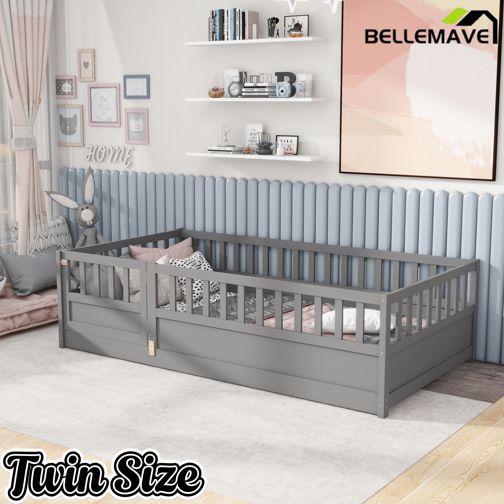 Bellemave® Twin Size Floor Bed with High Fence & Door, Montessori Floor Beds Frame Without Slats, White - Bellemave