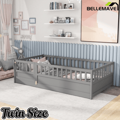 Bellemave® Twin Size Floor Bed with High Fence & Door, Montessori Floor Beds Frame Without Slats, White - Bellemave