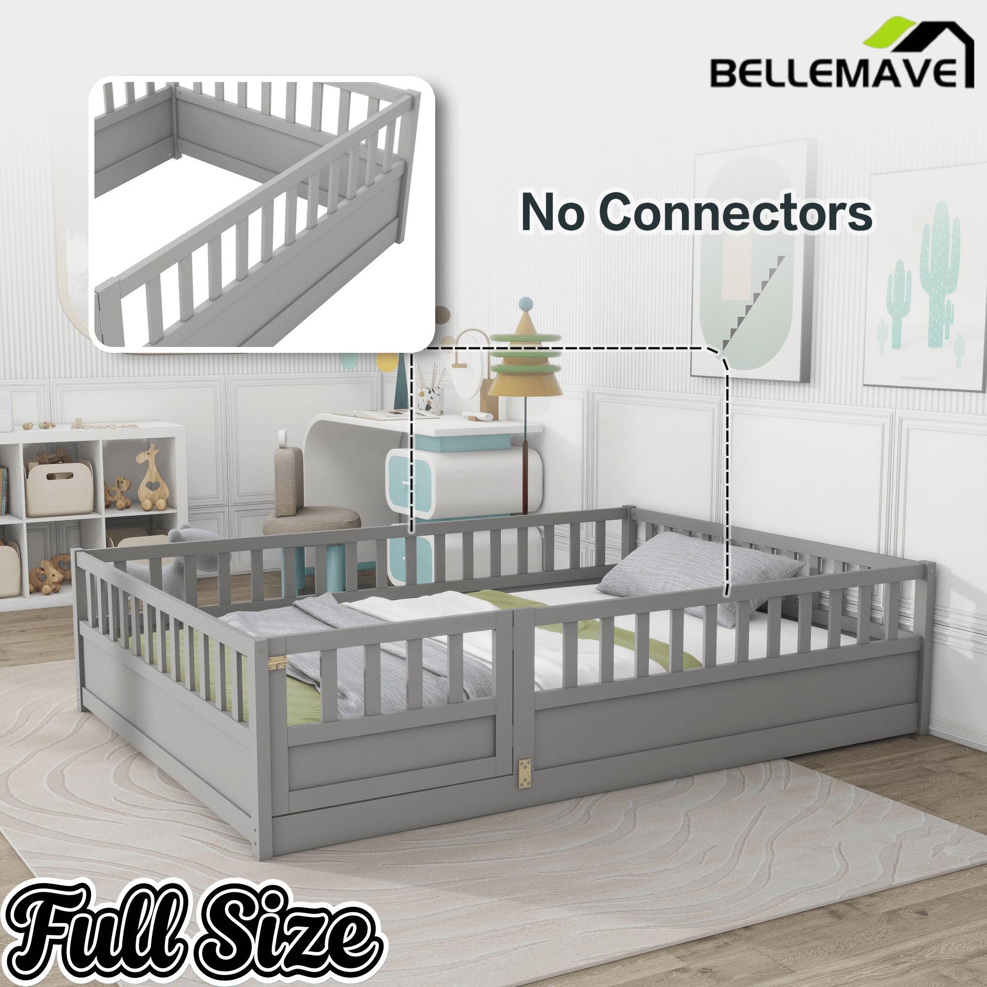 Bellemave® Twin Size Floor Bed with High Fence & Door, Montessori Floor Beds Frame Without Slats, White - Bellemave