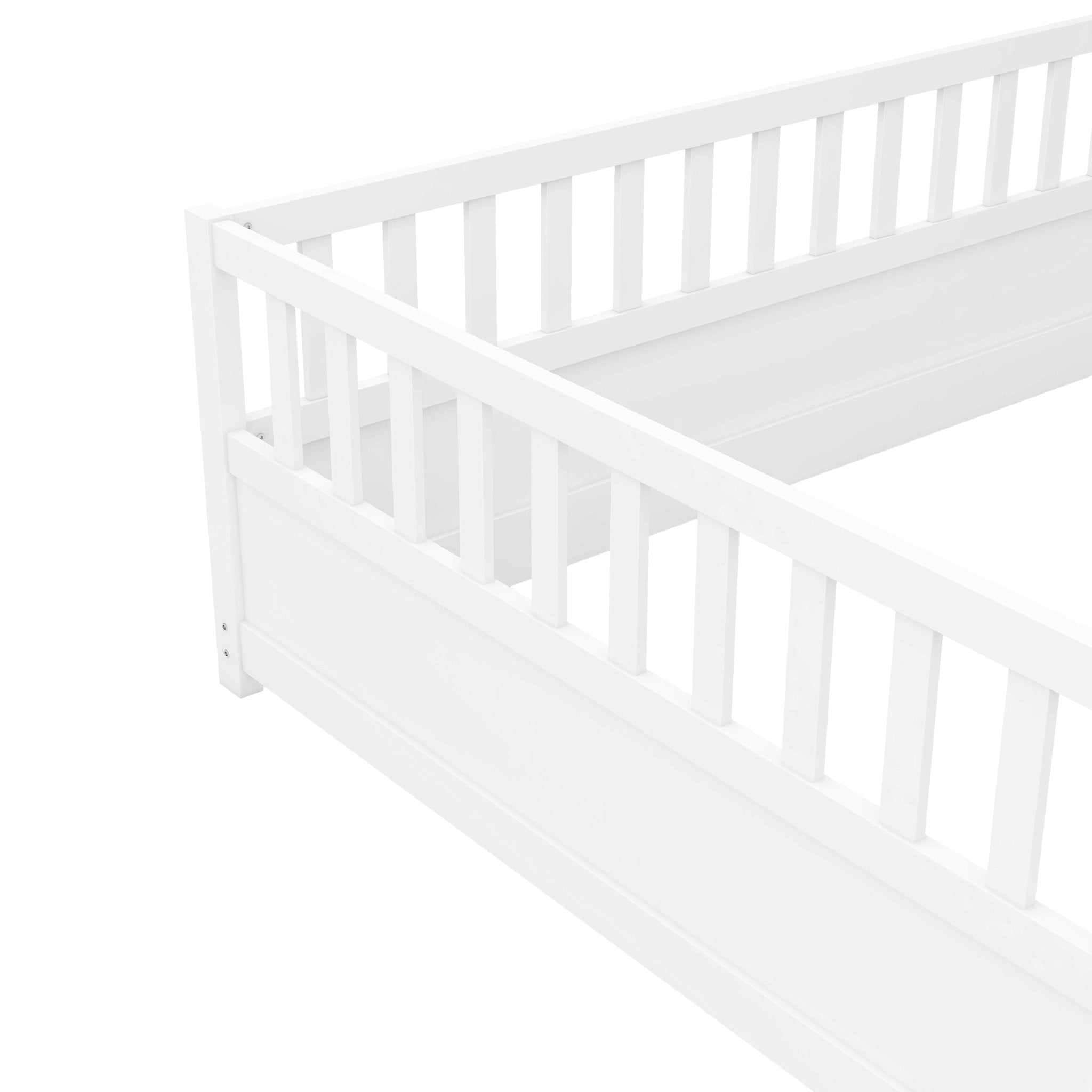 Bellemave® Twin Size Floor Bed with High Fence & Door, Montessori Floor Beds Frame Without Slats, White - Bellemave