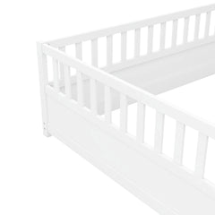 Bellemave® Twin Size Floor Bed with High Fence & Door, Montessori Floor Beds Frame Without Slats, White - Bellemave