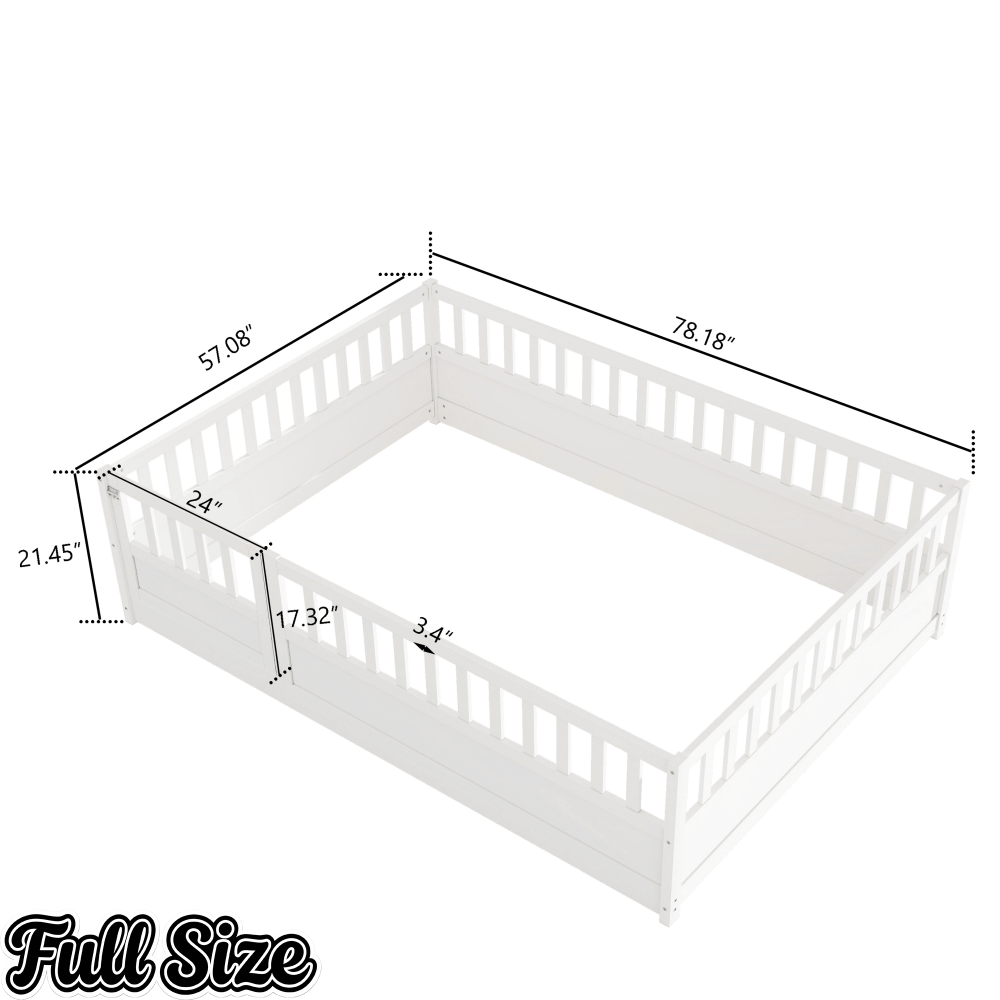 Bellemave® Twin Size Floor Bed with High Fence & Door, Montessori Floor Beds Frame Without Slats, White - Bellemave